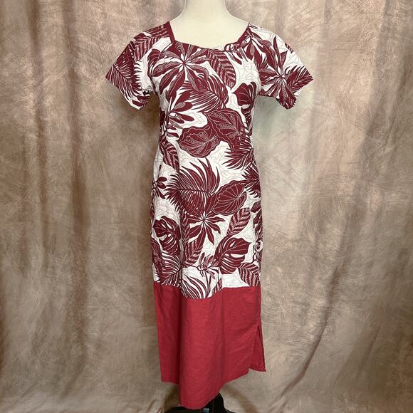 Hand Made Short Sleeve MuuMuu Dress Midi Floral Foliage Red White Short Sleeve - Picture 5 of 7